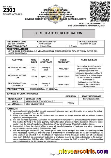 Philippines certificate of registration, version 3